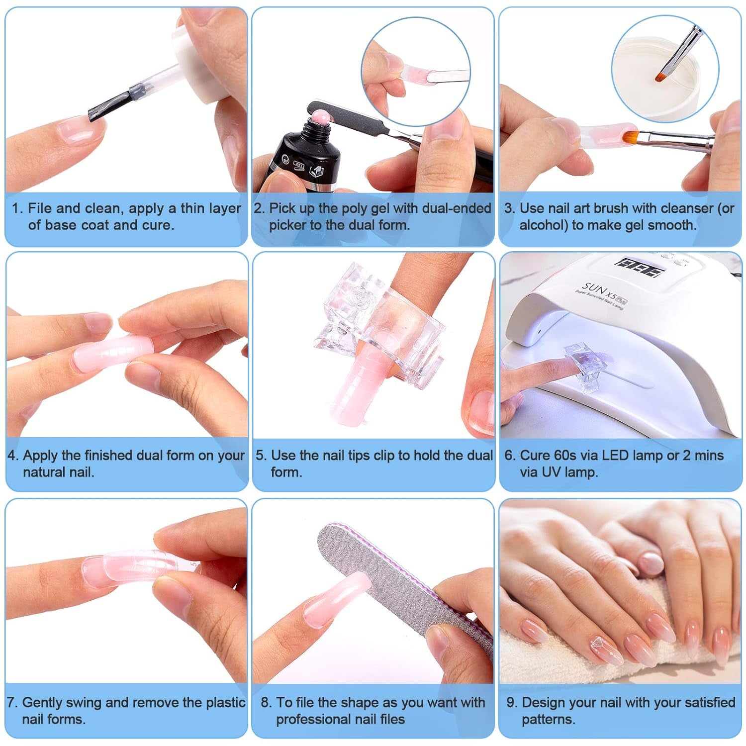 Set de 120 de forme pentru unghii, extensii de unghii, forme cu gel pentru unghii, set de forme pentru unghii cu perie cu două capete și pilă pentru unghii cu cleme, pentru unghii cu gel