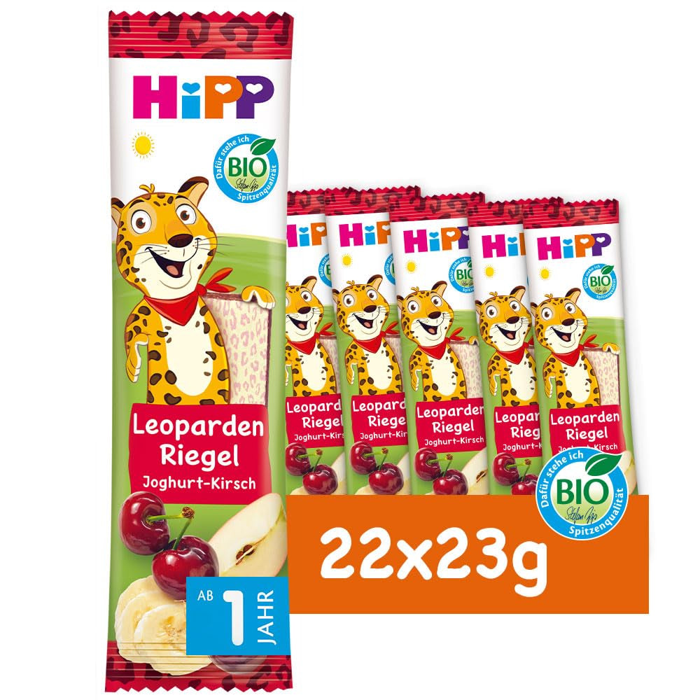 HiPP leopardí tyčinky s jogurtem a třešněmi v banánu (22 x 23g), od 1 roku, slazené pouze ovocem, v nejlepší bio kvalitě