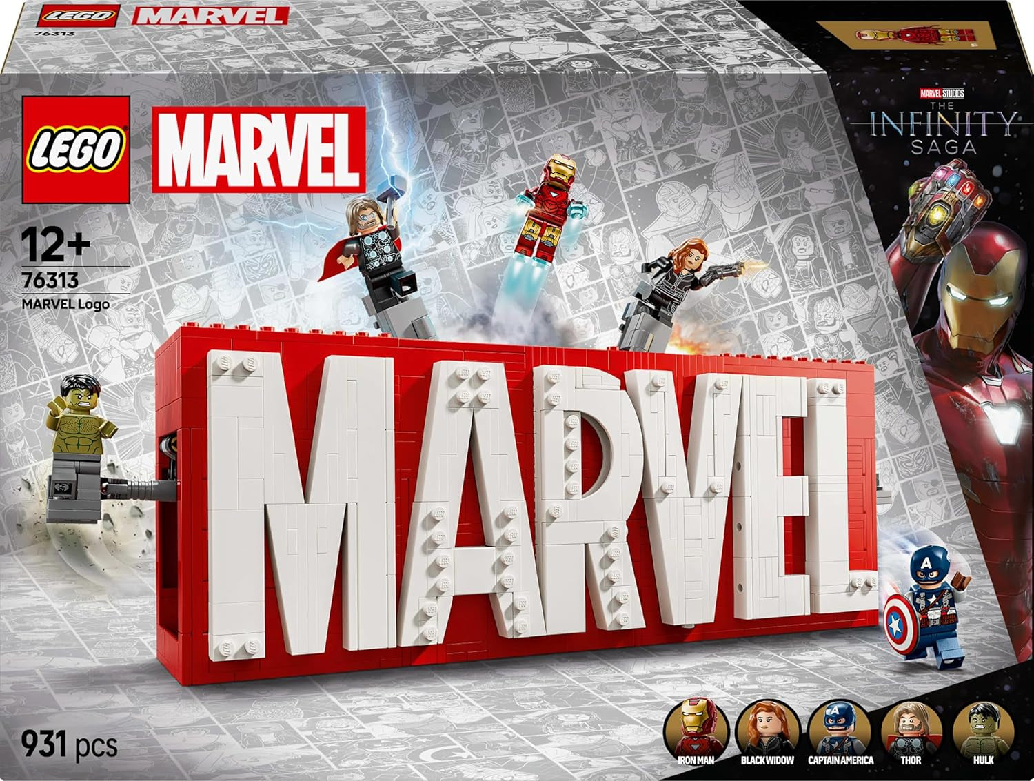 LEGO Marvel: Logo a minifigurky Marvel - sada kolekce Hulk, Thor, Iron Man, Black Widow a Captain America - Sada figurek Avengers - Dárek pro chlapce a dívky od 12 let 76313 Stavebnice Beuche den LEGO-Store