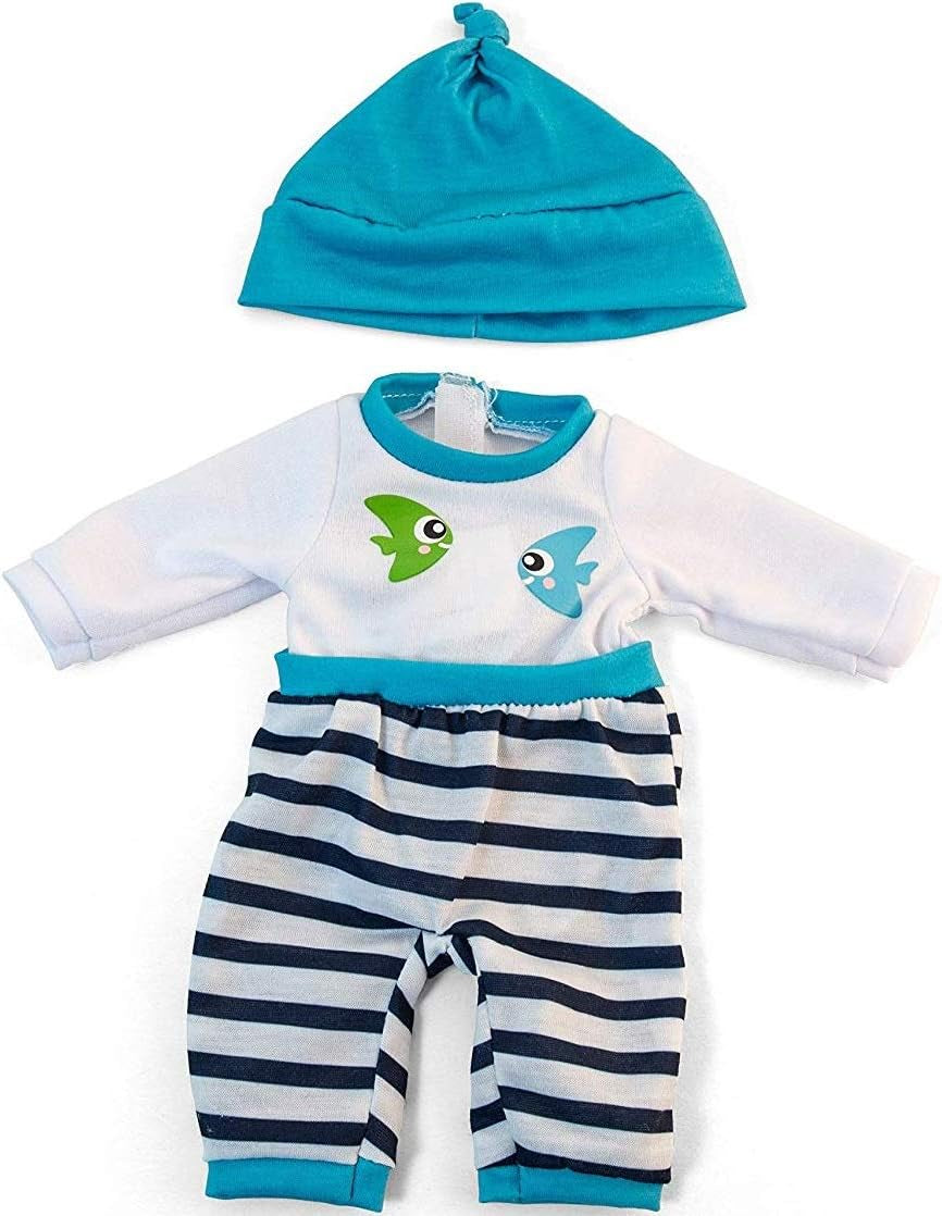 Miniland Set Puppenkleidung 32cm, girgeltes T-Shirt with Latzhose und Mütze, Übergangszeit