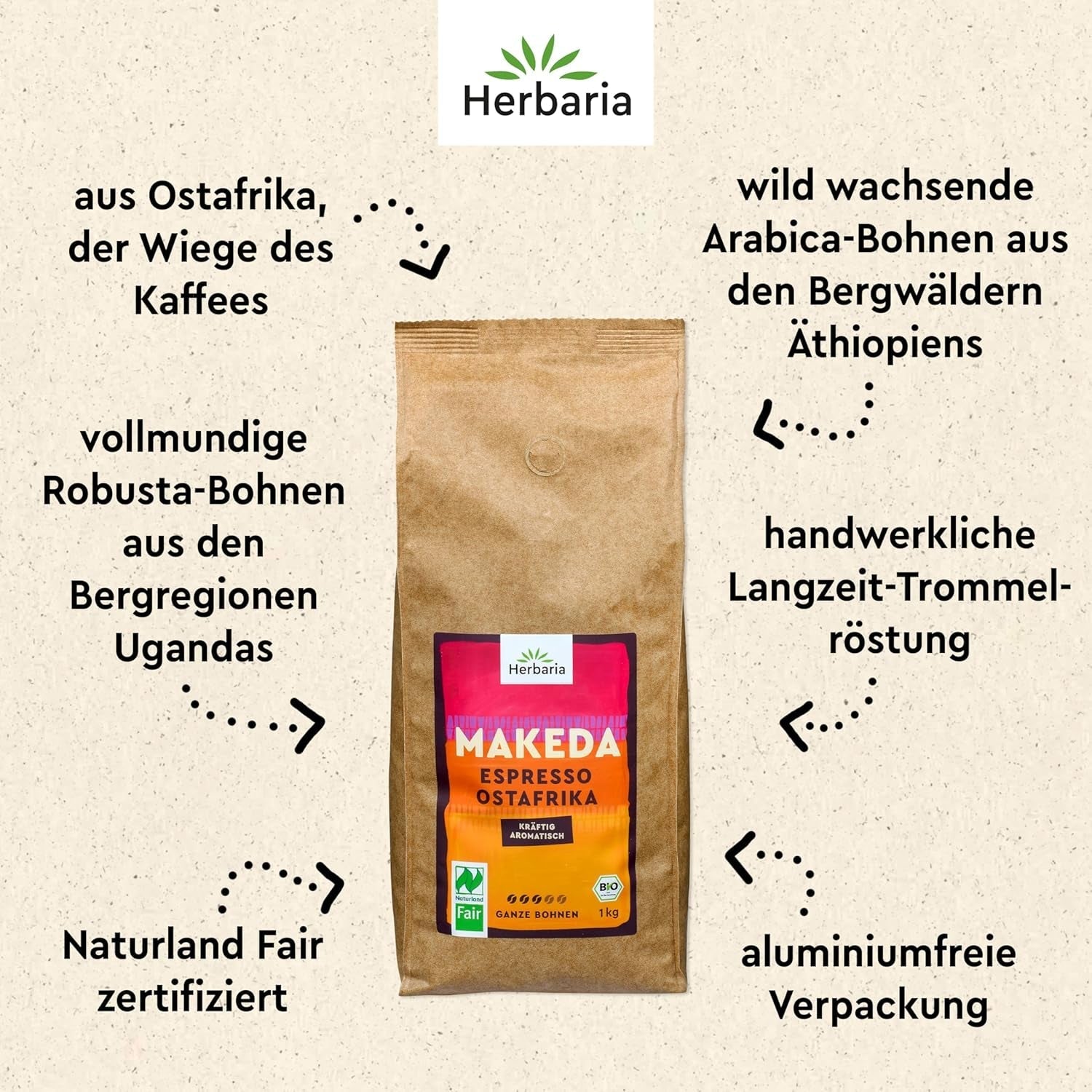 Herbaria MAKEDA Organic Espresso Whole Beans 1Kg - Naturland Fair Certified din Africa de Est - Arome prăjite cu cacao și note de lemn de stejar - boabe de cafea organice perfecte pentru filtre portabile și mașini automate de cafea Cafea Naty Shop