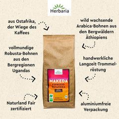Herbaria MAKEDA Organic Espresso Whole Beans 1Kg - Naturland Fair Certified din Africa de Est - Arome prăjite cu cacao și note de lemn de stejar - boabe de cafea organice perfecte pentru filtre portabile și mașini automate de cafea Cafea Naty Shop