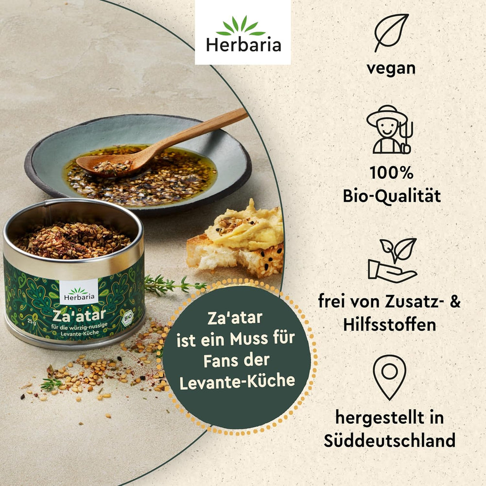 Herbaria Za'atar bio 25g S-Dose – Zaatar Gewürz, Zaatar Gewürz - orientální Organic-Gewürmischung für Gerichte der Levante Küche - mit erlesenen Ingredient - in nachhaltiger Aromaschutz-Dose