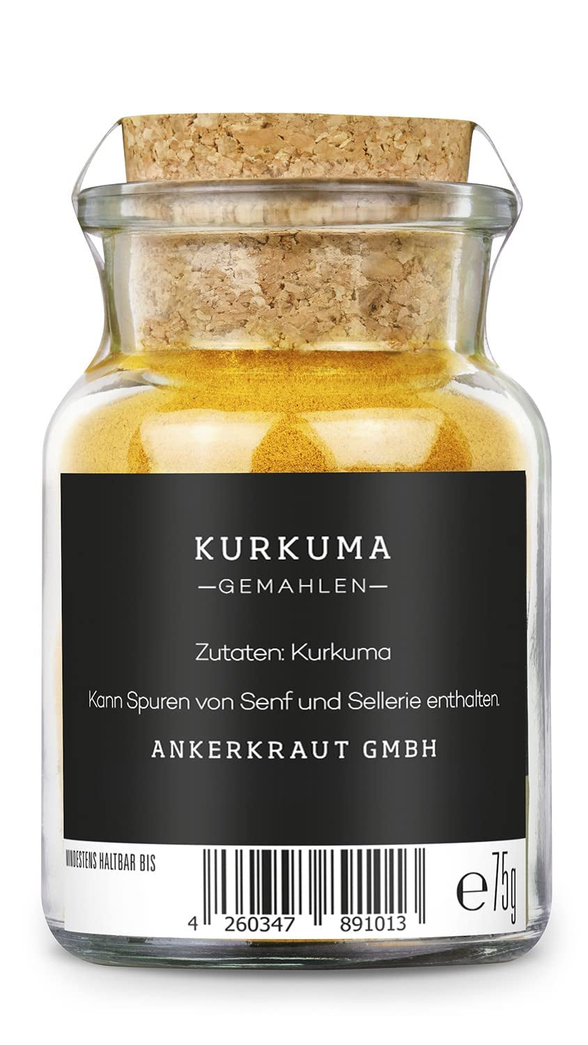 Ankerkraut Kurkuma, gemahlen, Kurkuma Gewürz Pulver, 75g v korkovém skle