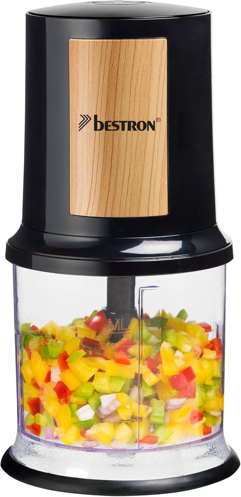 Bestron Elektrischer Multi-Zerkleinerer, Universalzerkleinerer Mit Zwei Schneidemessern & 500 ml Kapazität, Große Pulstaste, 400 Watt, Barva: Kupfer Kitchen Naty Shop Schwarz/Holz