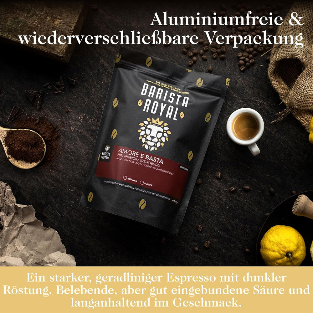 BARISTA ROYAL Espressobohnen 1kg "Amore E Basta Espresso" | Frische Kaffeebohnen direkt gehandelt | 70% Arabica, 30% Robusta Espresso ganze Bohnen | Ideal für Vollautomat und Siebträger