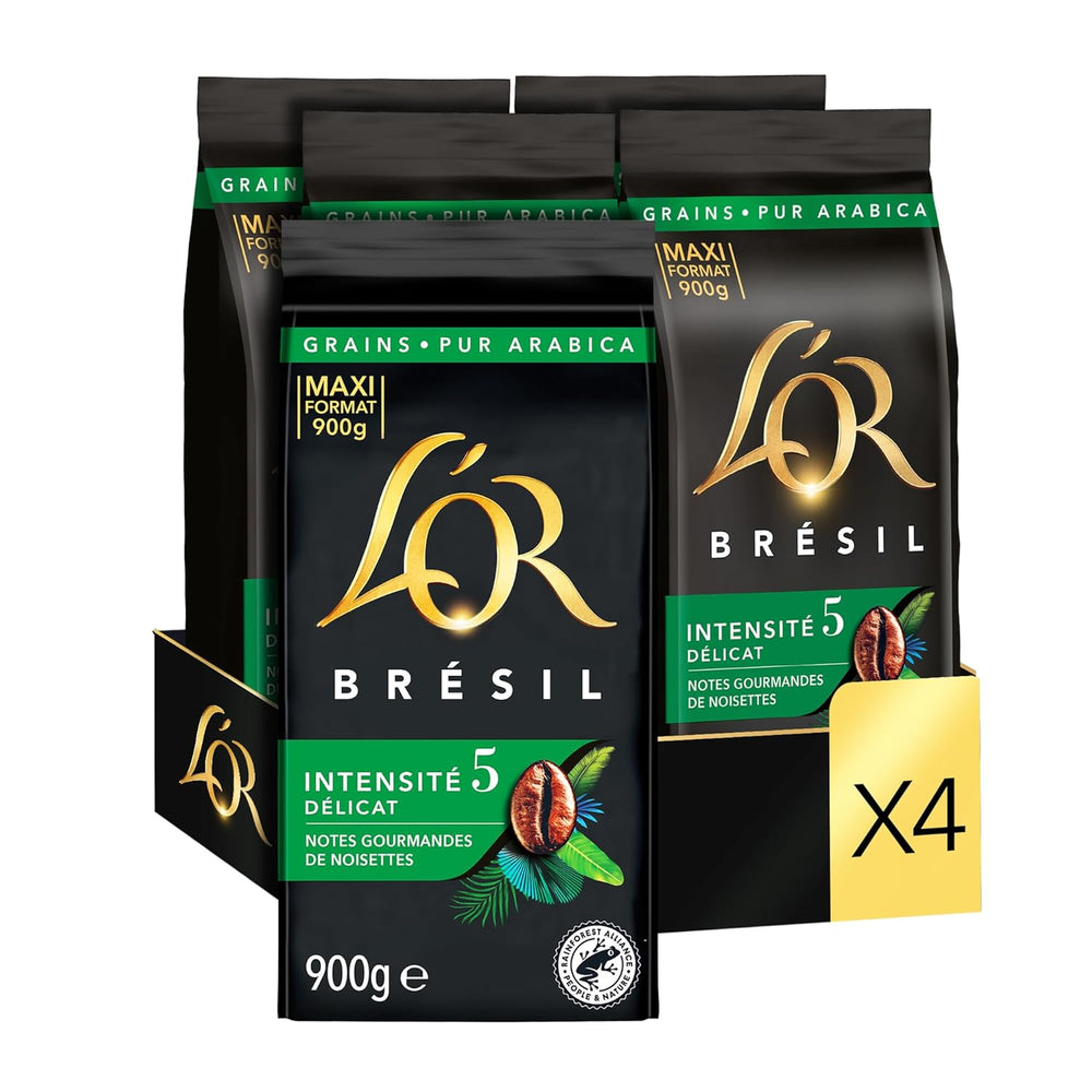 L'OR, Kaffeebohnen, 100 % Arabica, Brasilien, Intensität 5 Röstung, 900 g x 4
