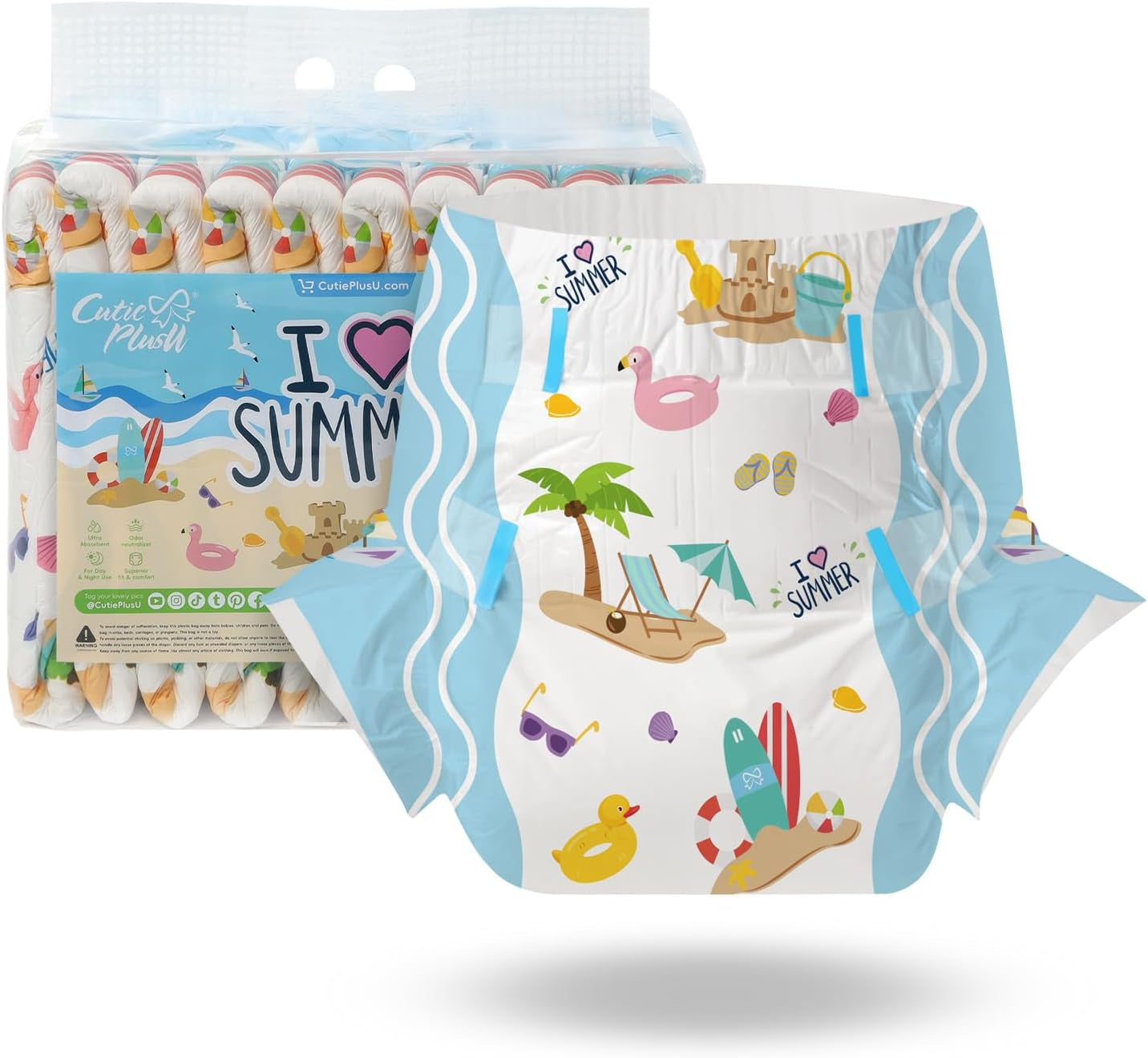 Plenky pro dospělé CutiePlusU, 10 balení, jednorázové plátěné plenky pro ženy a muže, maximální savost přes noc - I Love Summer (střední velikost 71-96 cm)