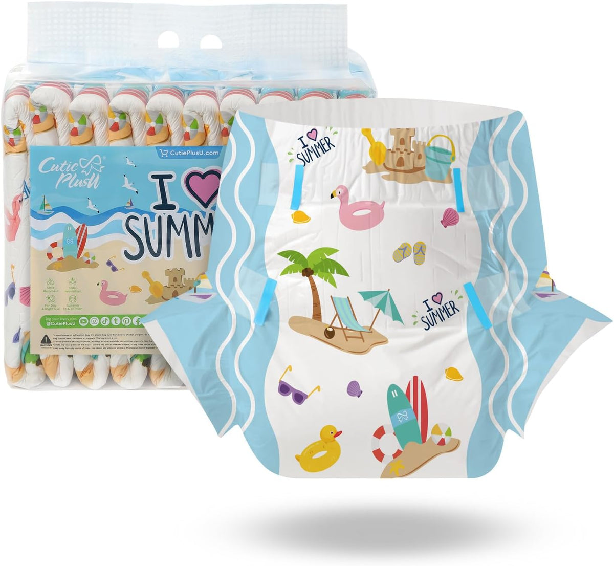 Plenky pro dospělé CutiePlusU, 10 balení, jednorázové plátěné plenky pro ženy a muže, maximální savost přes noc - I Love Summer (střední velikost 71-96 cm)