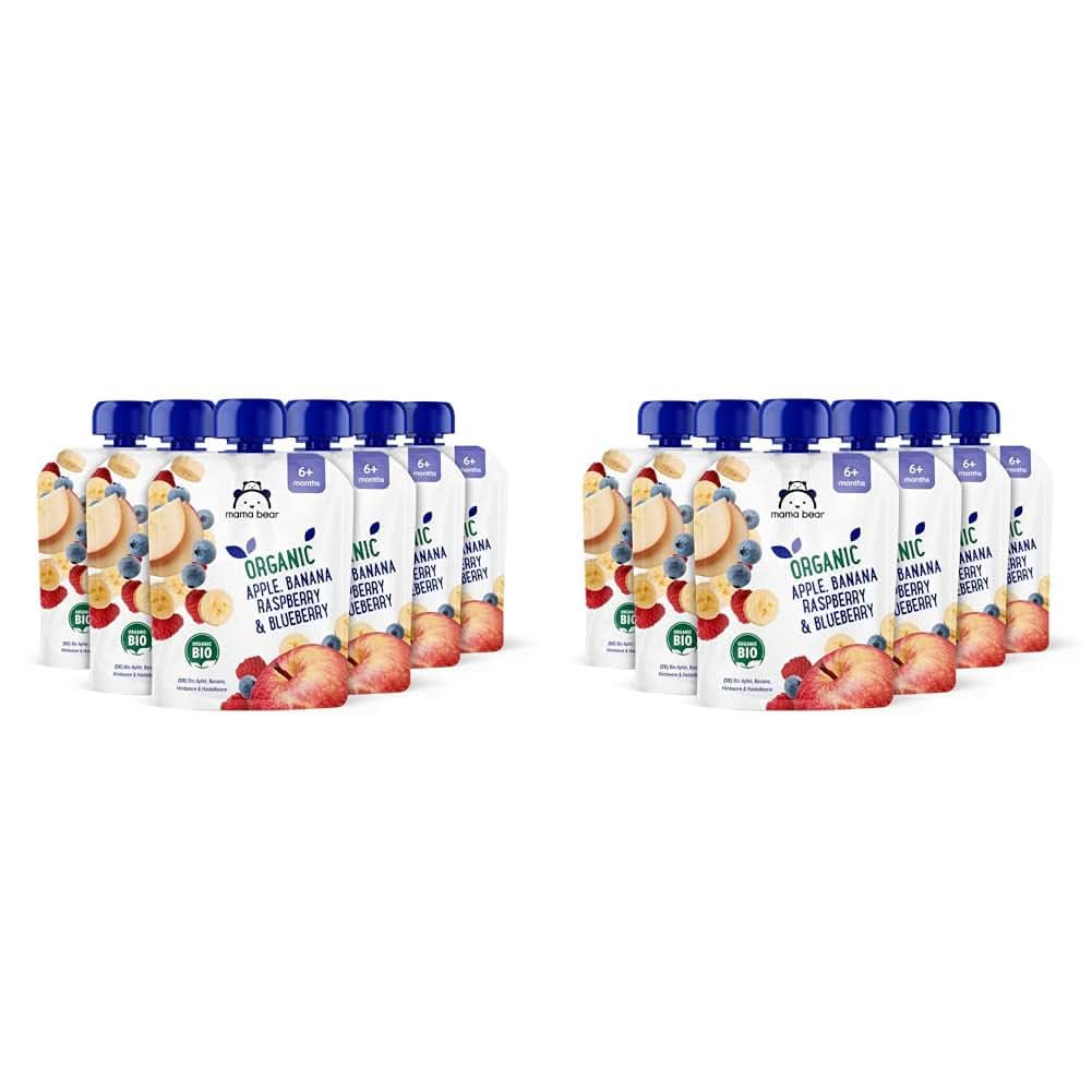 Mama Bear, bio pyré různé ovoce, sada 6 x 90 gramů Matka a dítě Naty Shop 12 x 90 gramů Jablka, banány, borůvky a maliny