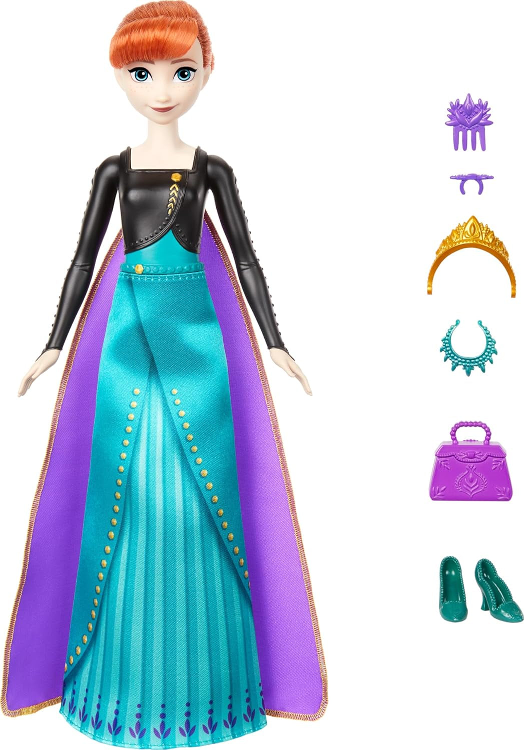 Mattel Disney The Ice Queen Anna Fashion Doll Set, Spin & Reveal cu 11 surprize, inclusiv 5 accesorii, 5 autocolante și o scenă pentru joacă, inspirat de filmul Disney, HXD27 Papusi Naty Shop