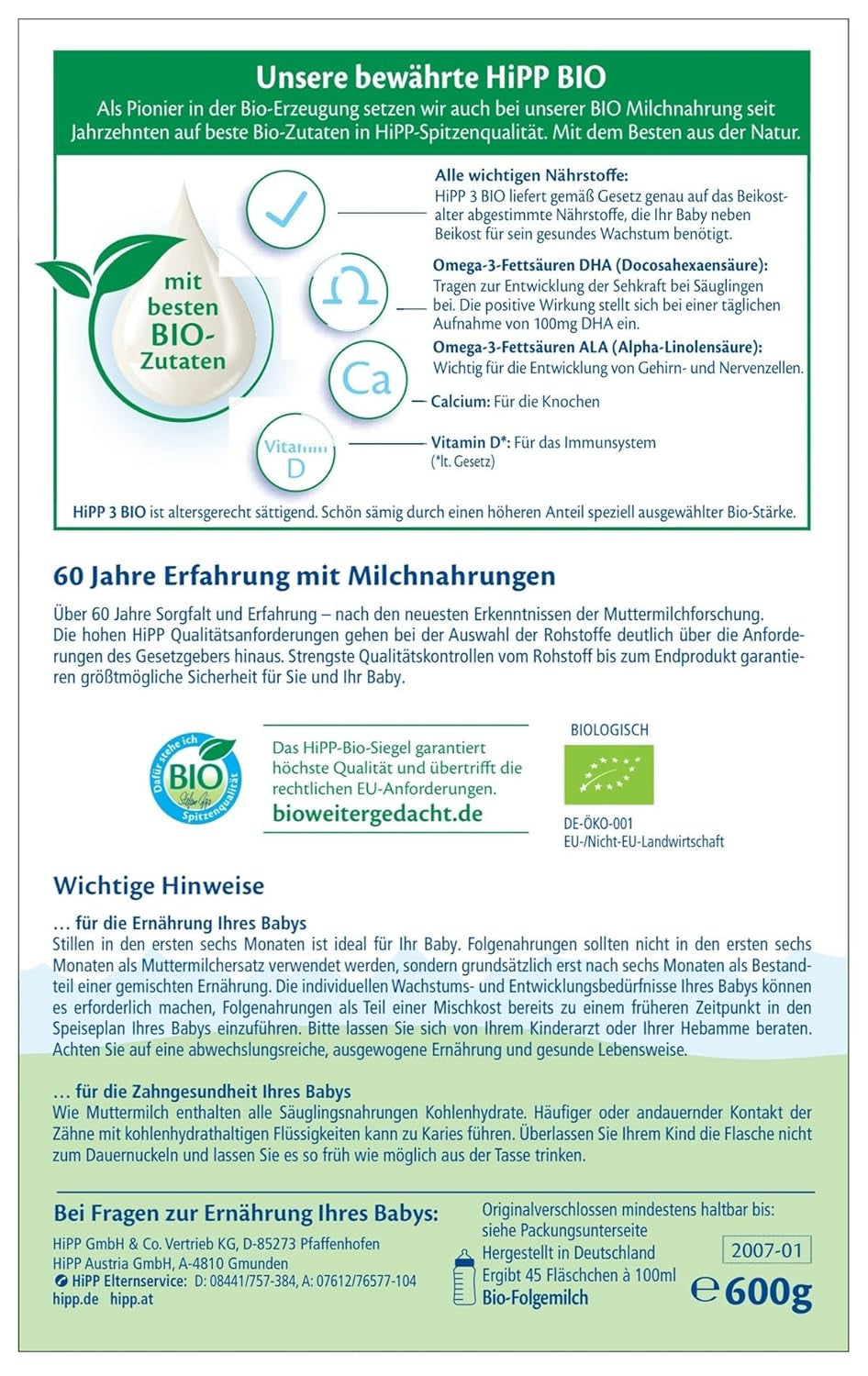 Pokračovací mléko HiPP 3 Bio (4 x 600 g) - po 10 měsících, s Omega-3 (DHA, ALA), vápníkem, vitamínem D, v nejlepší bio kvalitě
