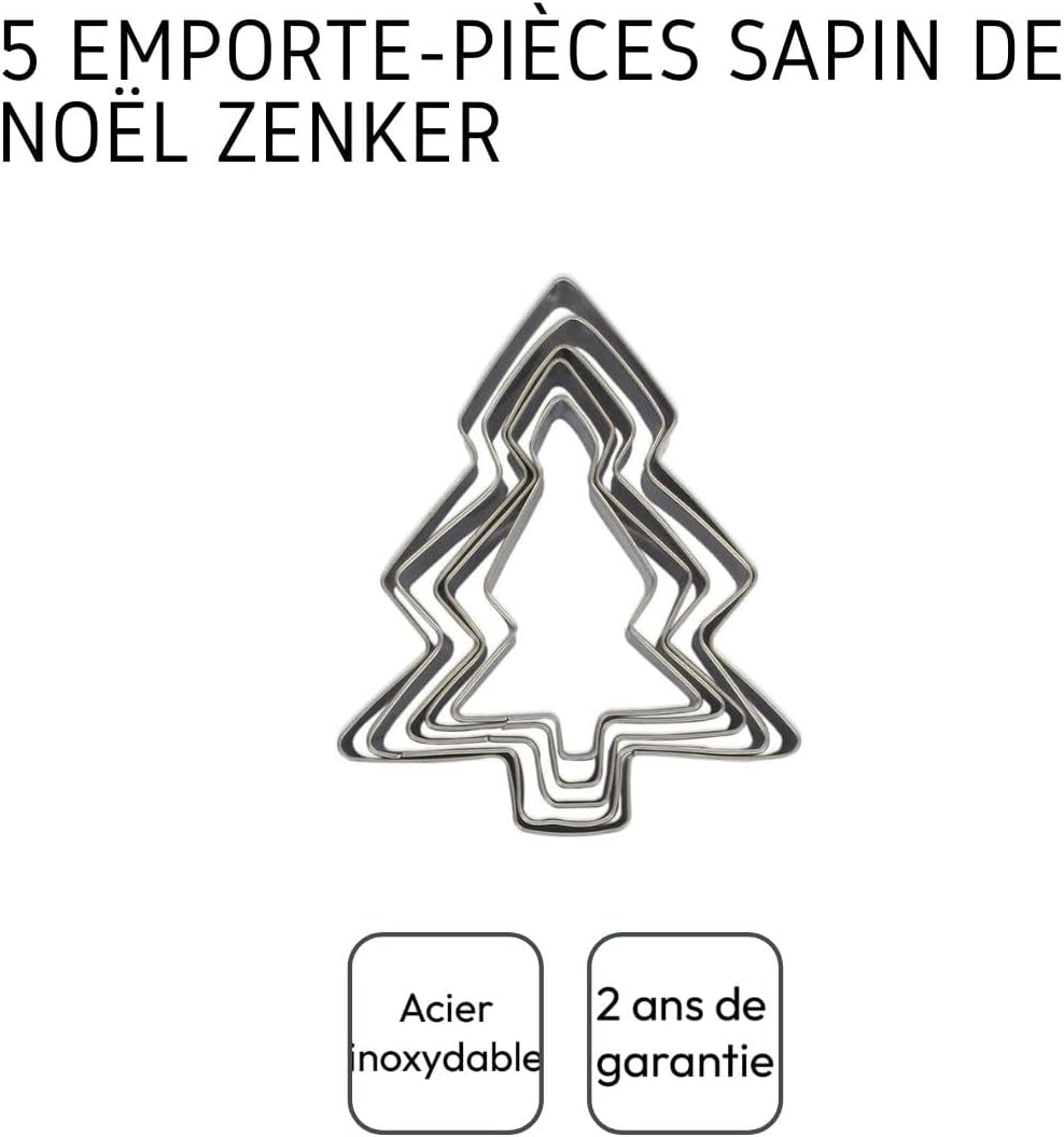Zenker 44814 Set de 5 forme de biscuiți pentru brad de Crăciun, forme pentru brad de Crăciun, formă de biscuiți, oțel inoxidabil, argintiu, 11 x 9,5 cm