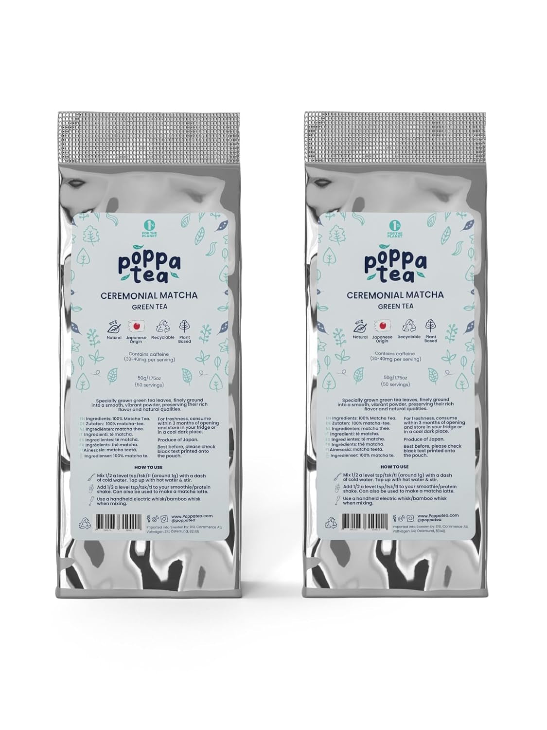 Poppatea Matcha Tea - Ceremonial - Frunze de ceai verde japonez (pungă de reumplere de 50 g, Matcha cu Chai)
