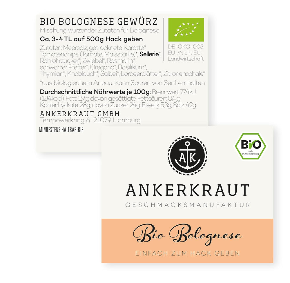 Ankerkraut Bio Bolognese Gewürz, Spaghetti und Pasta kochen, Lasagne Selber machen, 90 g v Korkenglas