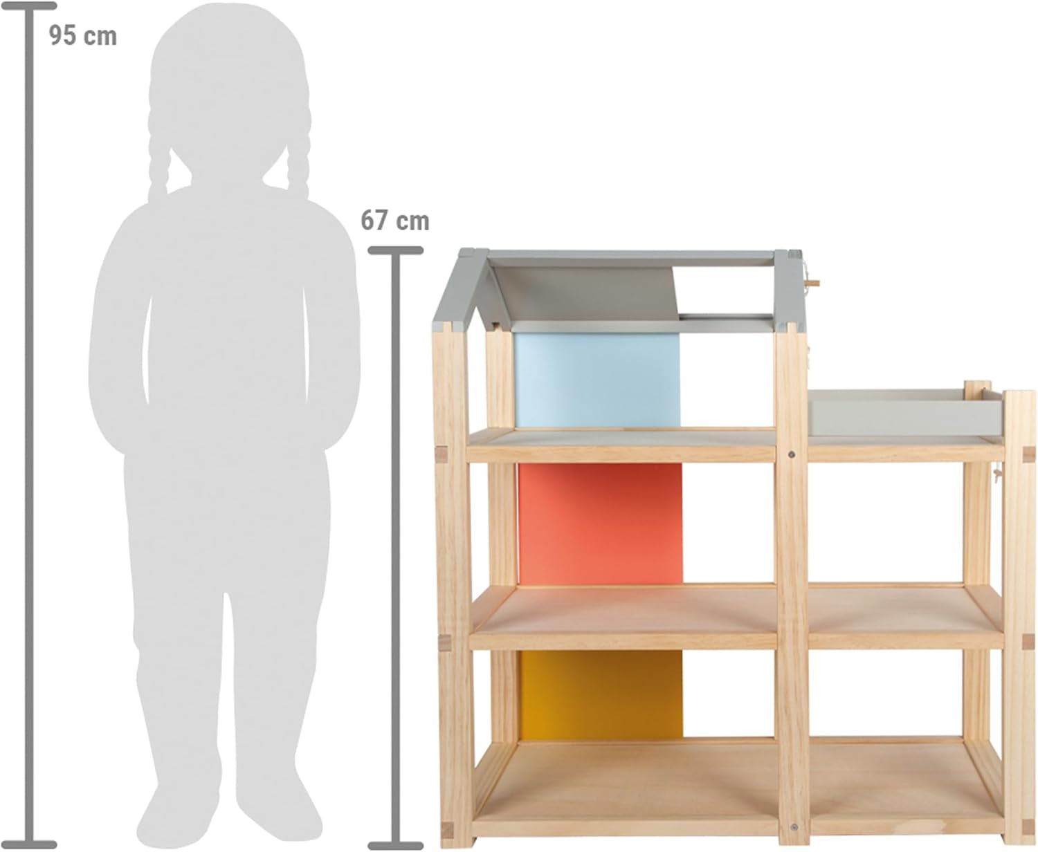 Casă de păpuși din lemn Small Foot, culori naturale – cu 3 etaje, terasă pe acoperiș și set de mobilier cu 51 de piese, încurajează jocul creativ, potrivită pentru vârste de la 3 ani în sus, 12541