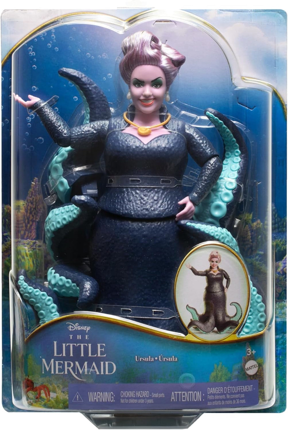 Mattel DISNEY Ariel, mořská panna - Ursula s chapadly, odnímatelným náhrdelníkem a levandulovým účesem pro nekonečnou kadeřnickou zábavu, vhodné pro děti od 3 let, HLX12 Naty Shop Dolls
