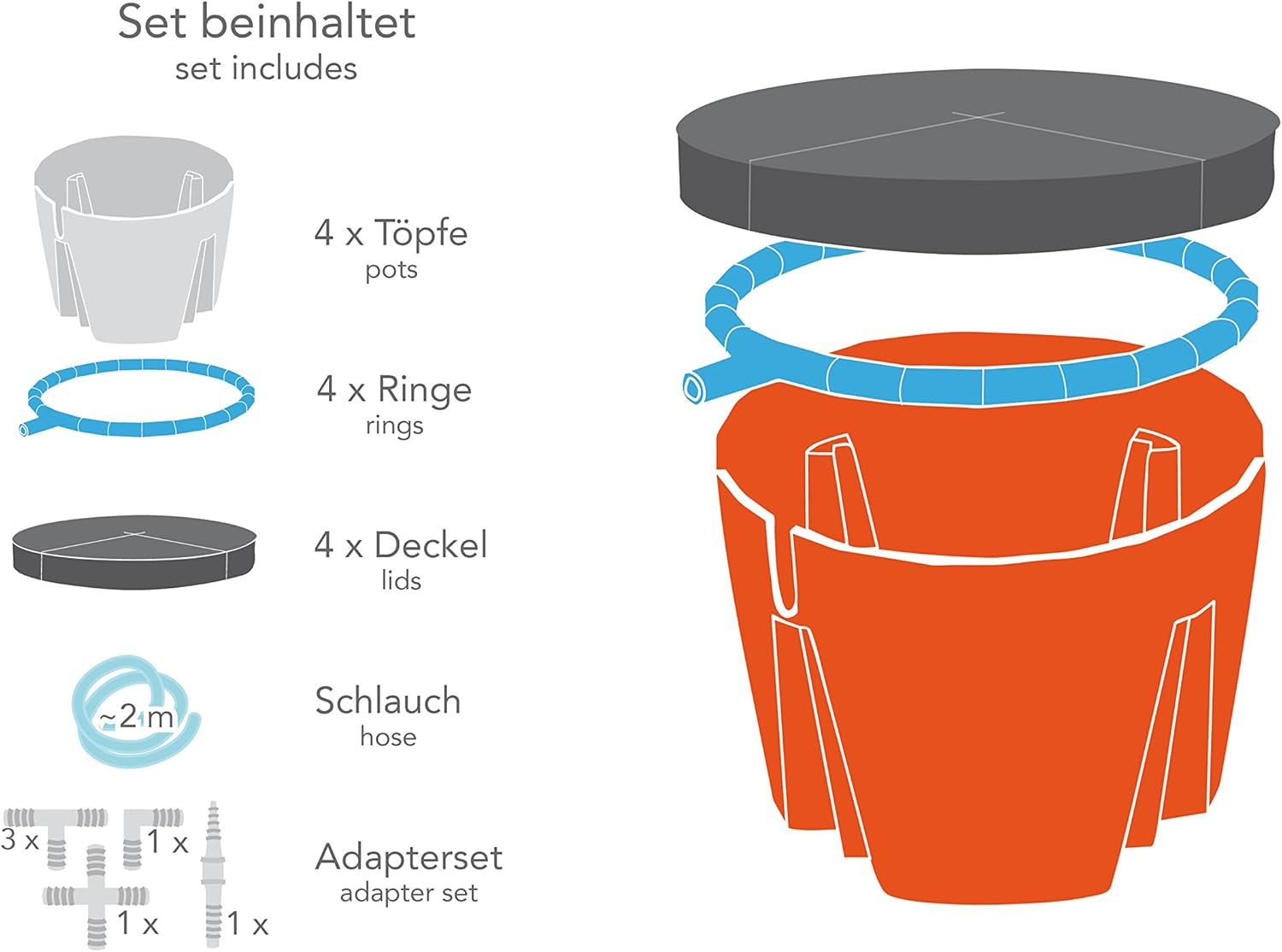 Hydro Farmer 19dílná sada květináčů Ø 18 cm (červená) pěstební systém včetně 4 květináčů, 4 zavlažovacích kruhů, 4 víček, sady adaptérů a 2m hadice, hydroponie, aeroponie