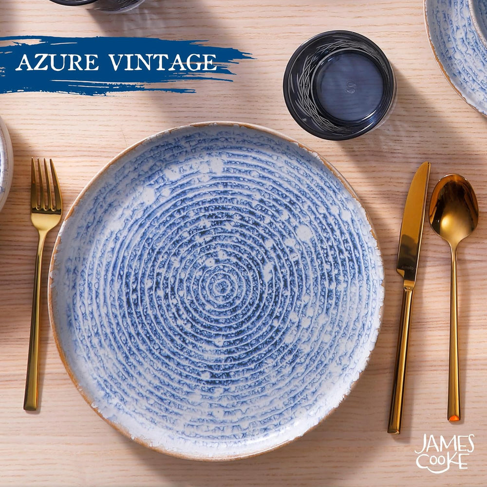 Set de veselă Azure Vintage din gresie pentru 6 persoane - 24 de piese - dungi albe și albastre, suprafață în relief - potrivit pentru mașina de spălat vase, cuptor și cuptor cu microunde