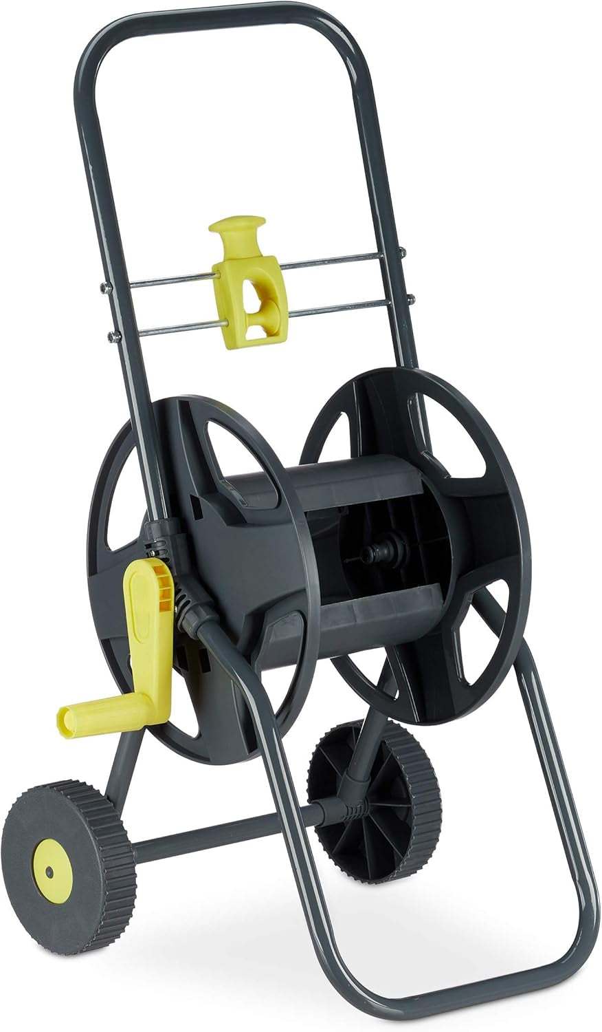 Cărucior furtun Relaxdays 45m, rolă mobilă pentru furtun de grădină și balcon, cu ghidaj pentru furtun, 76,5x44x41 cm, gri-galben