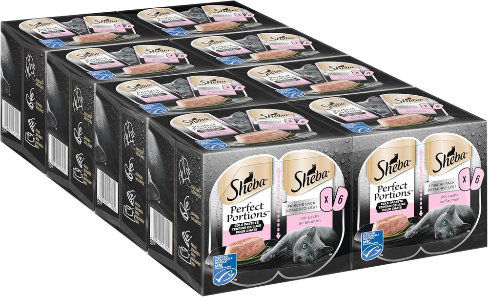 Pateu pentru pisici SHEBA Perfect PORTIONS cu somon, certificat MSC, 8 x 3 x (2 x 37,5g) = 225g (Ambalajul va fi actualizat)