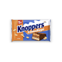 Knoppers Arašídová tyčinka – 1 x 200 g (5 tyčinek) – tyčinka z mléčné čokolády s arašídovým krémem, nasekanými solenými arašídy, karamelem a mléčnou čokoládou