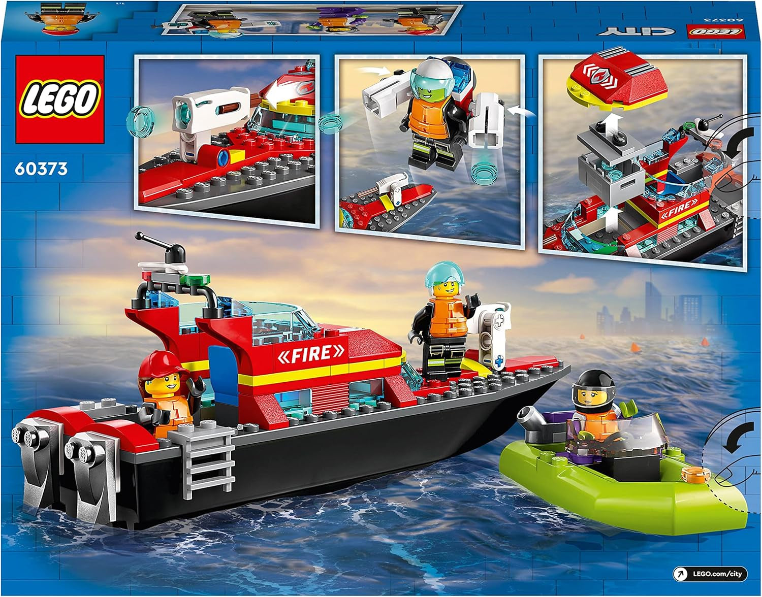 LEGO 60373 City Fire Boat, jucărie care plutește în apă, cu barcă de curse, 3 minifigurine și Jetpack, idee de cadou pentru băieți și fete de la 5 ani în sus Seturi de constructie Besuche den LEGO-Store