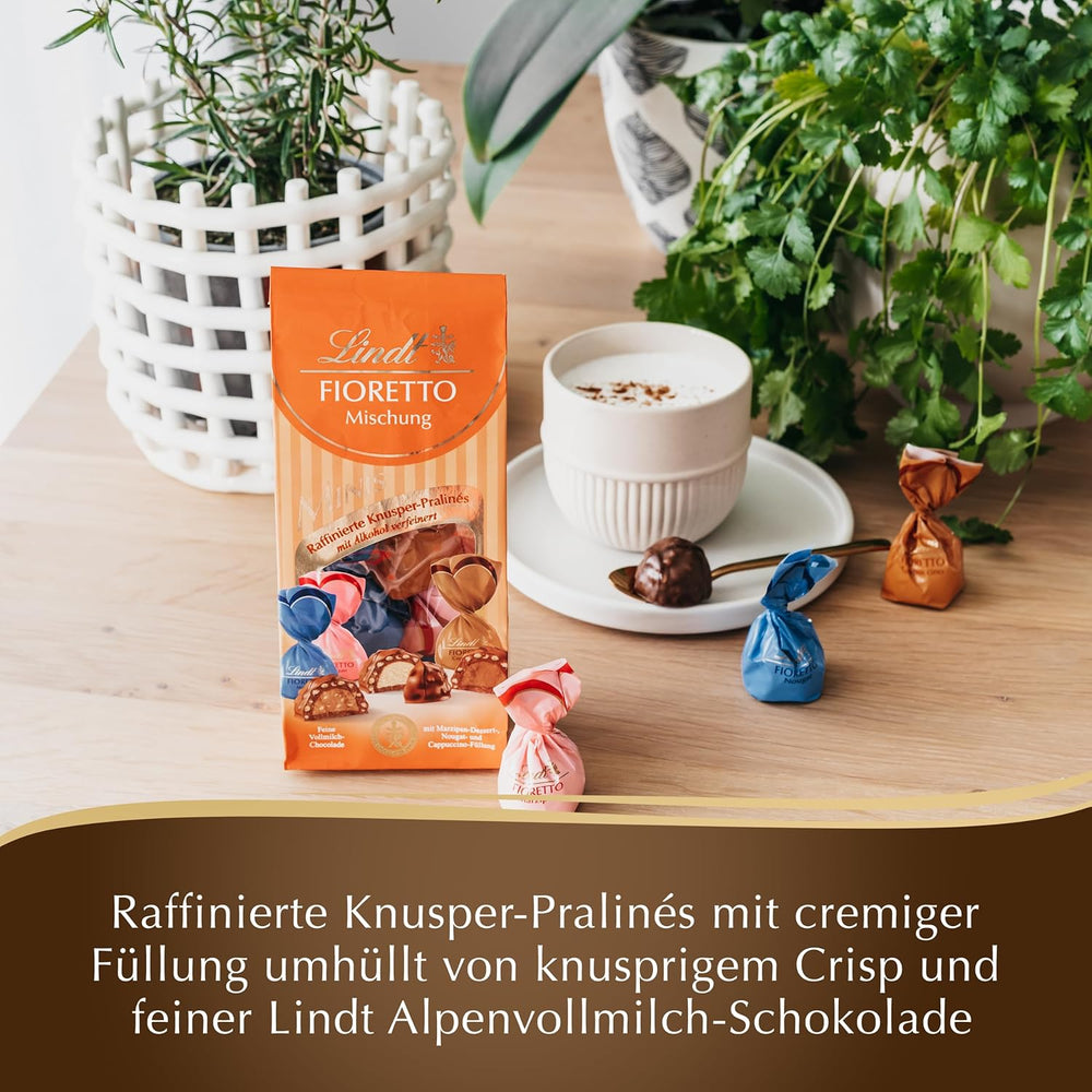 Čokoláda - Sortiment FIORETTO Minis | 115 g | Přibl. 10 pralinek z mléčné čokolády v příchutích marcipán, cappuccino a nugát, obsahuje alkohol | Čokoládová dárková sada | Čokoládová dárková sada (balení 5 ks)