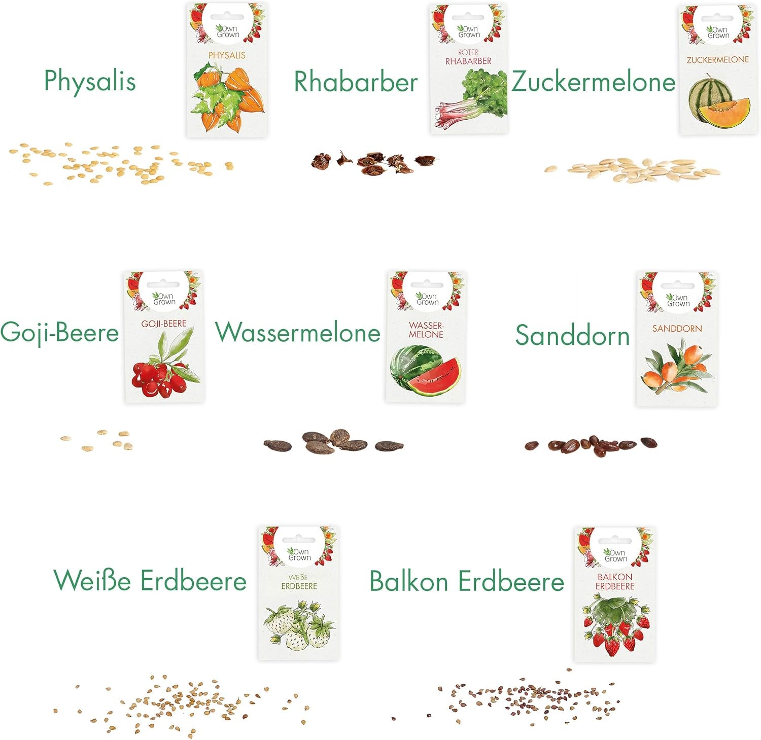 Sada ovocných semínek: Prémiová zahradní semínka s 8 odrůdami ovocných rostlin pro zahradu a balkon - semínka melounu, jahodová semínka, angrešt, rebarbora a další - Dárková sada ovocných semínek od OwnGrown