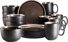 MÄSER 934020 Seria Niara, Set de veselă modern pentru 6 persoane într-un aspect vintage incitant, Set de mic dejun din ceramică cu 18 piese, gri și negru, Gresie