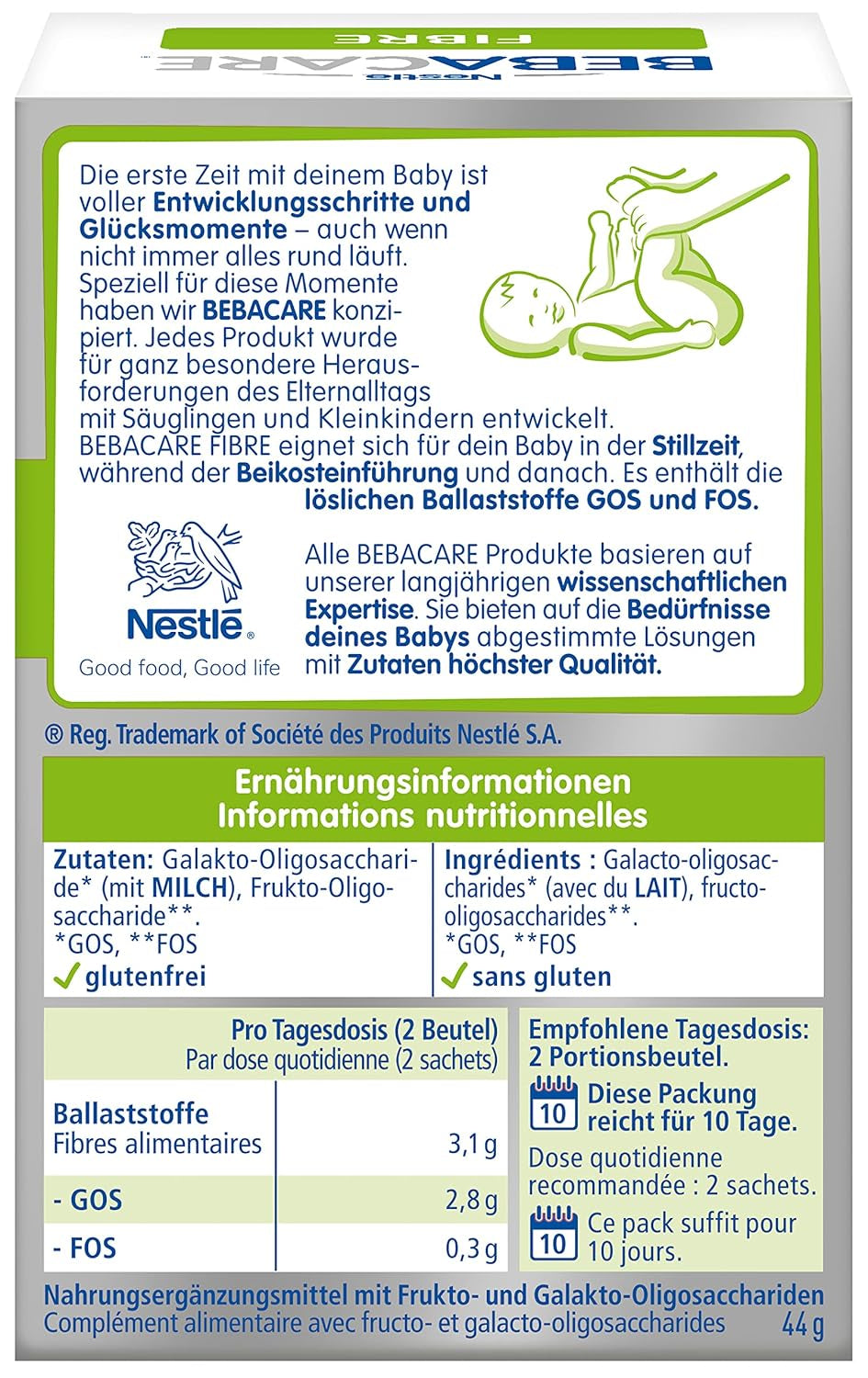 BEBACARE FIBER bezlepkový doplněk stravy pro šetrné trávení, doplněk stravy pro kojence od narození a malé děti, 1x (20 x 2,2g)