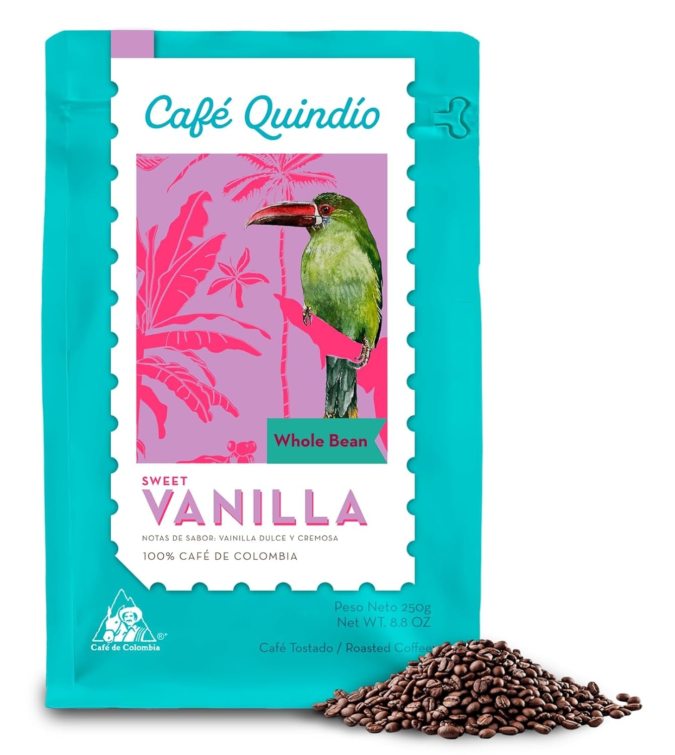 Cafe Quindio Specialty Coffee - boabe de cafea 100% Arabica, Columbia - cu note naturale de vanilie dulce (250g) - ideală pentru cafea filtrată, aparate portafilter sau presă franceză