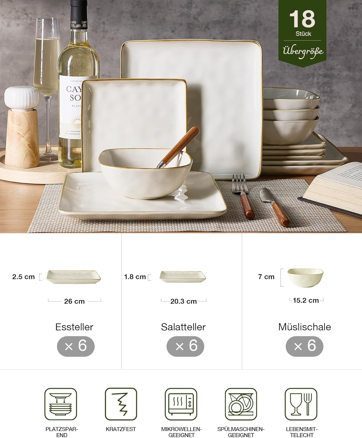 Set de veselă din gresie pentru 6 persoane, seria Ocean, set de veselă pătrată cu 18 piese, set de farfurii, serviciu combinat cu glazură reactivă, veselă rezistentă la zgârieturi, bej