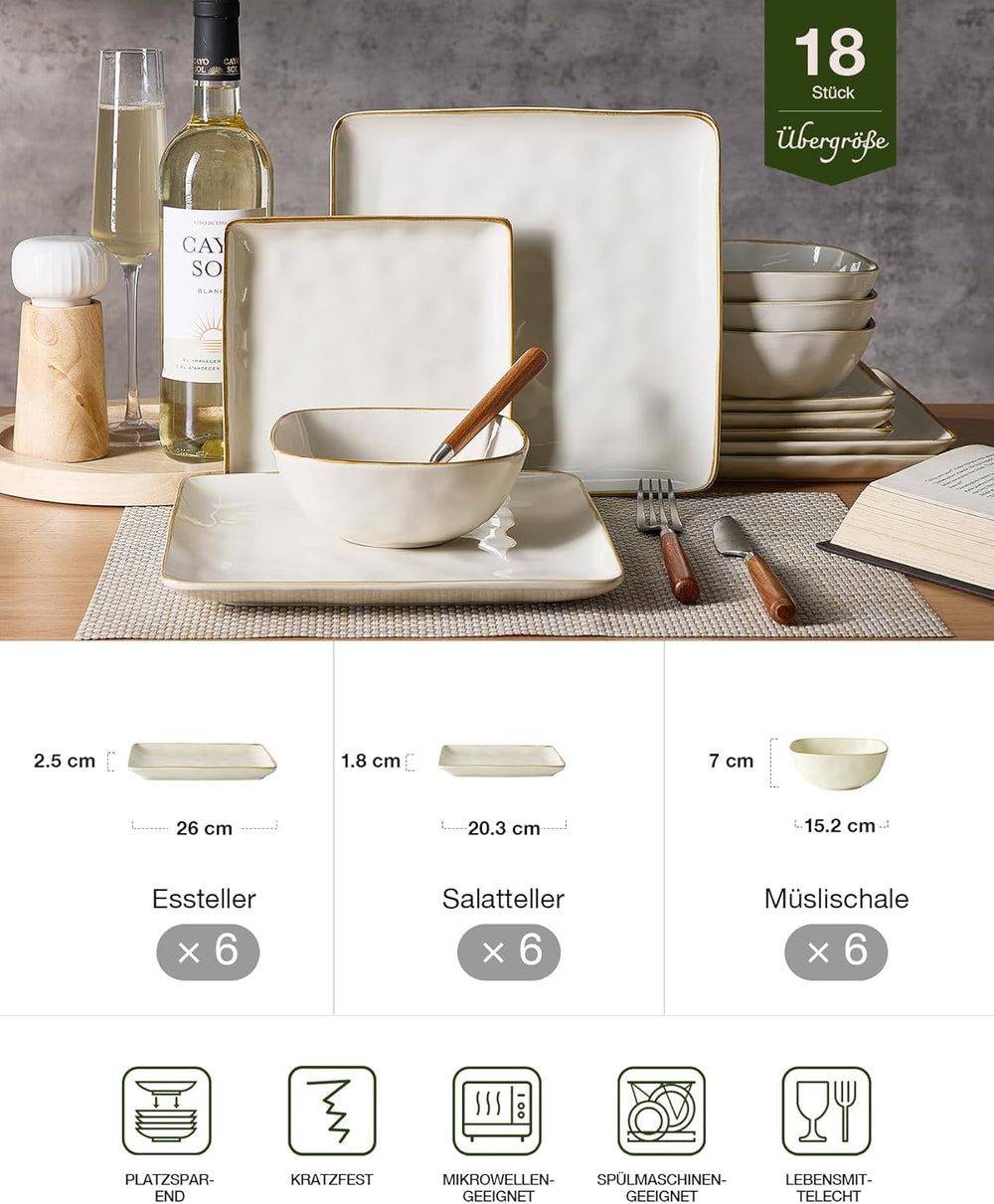 Set de veselă din gresie pentru 6 persoane, seria Ocean, set de veselă pătrată cu 18 piese, set de farfurii, serviciu combinat cu glazură reactivă, veselă rezistentă la zgârieturi, bej