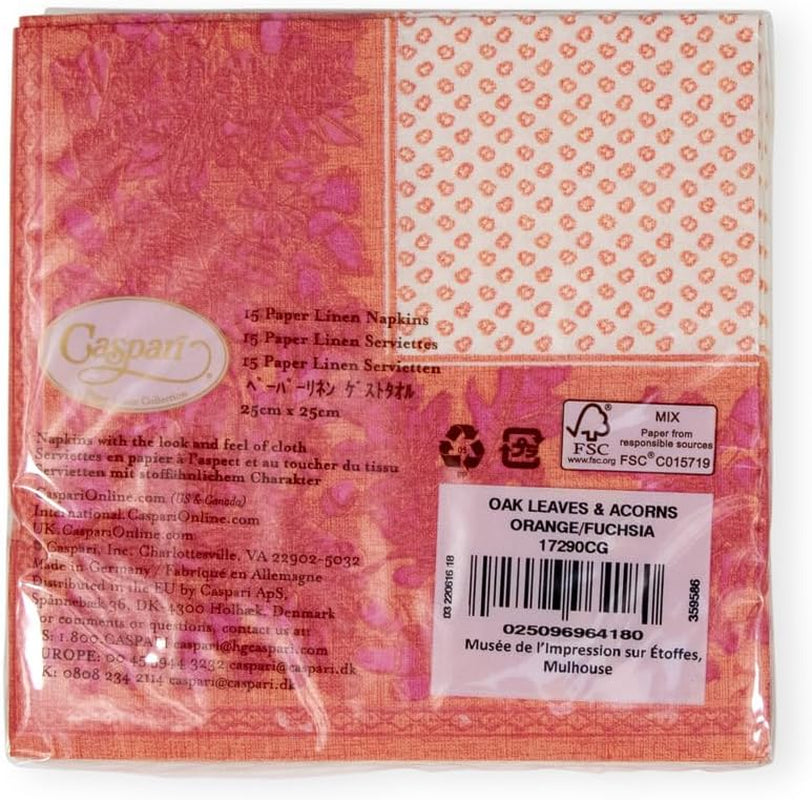 Șervețele de cocktail, frunze de stejar și ghinde, din in, portocaliu și fucsia, 15 bucăți per pachet