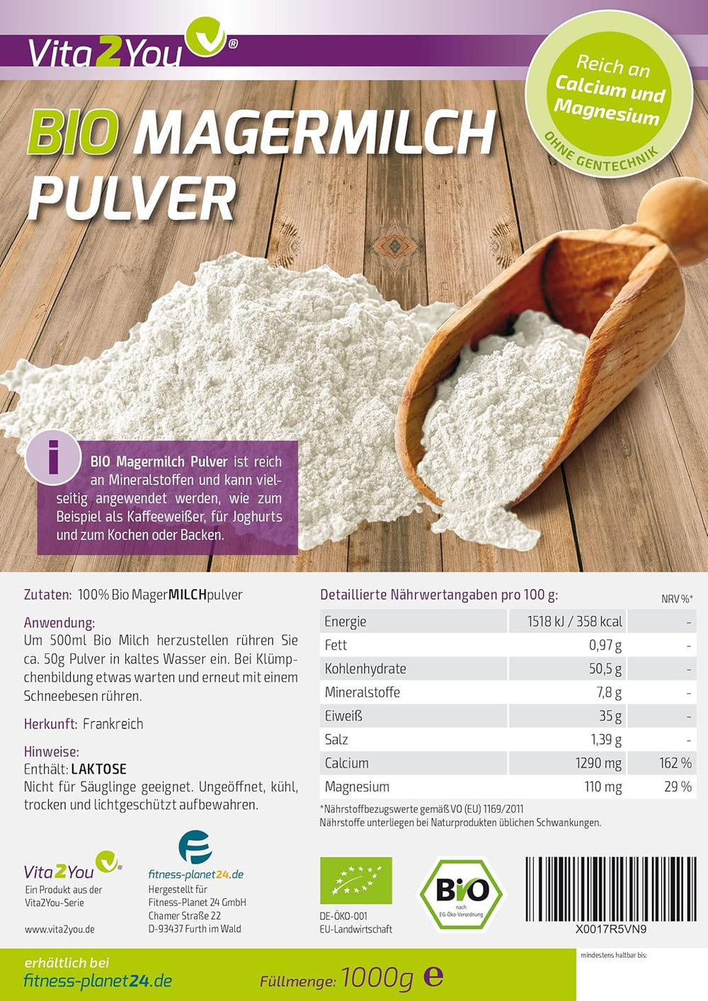 Vita2You Bio sušené odstředěné mléko 1000 g - 100% Bio Qualität - na pečení - Kaffeeweißer - Mléčný prášek pro jogurty - 1 kg - Premium Qualität