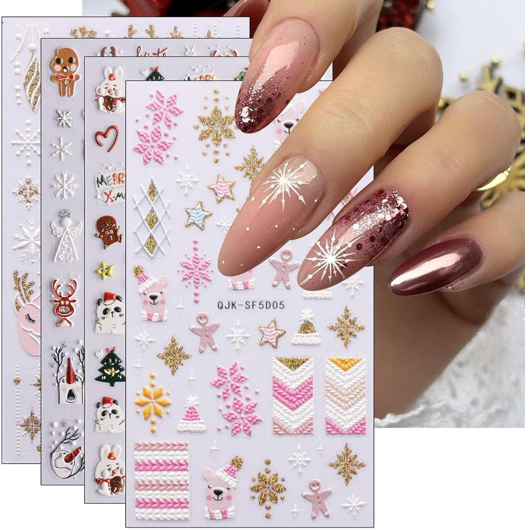 Autocolante 3D pentru unghii Crăciun, 4 foi autocolante 5D pentru unghii, autocolante stereoscopice pentru unghii, decorațiuni, accesorii pentru design unghii