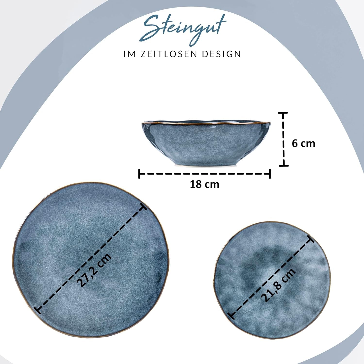SÄNGER | Set de veselă Darwin cu 12 piese, set de veselă din gresie pentru 4 persoane, set de farfurii albastre care include farfurii de cină, farfurii de desert și farfurii de supă, set de veselă lucrat manual | COLECȚIA PREMIUM