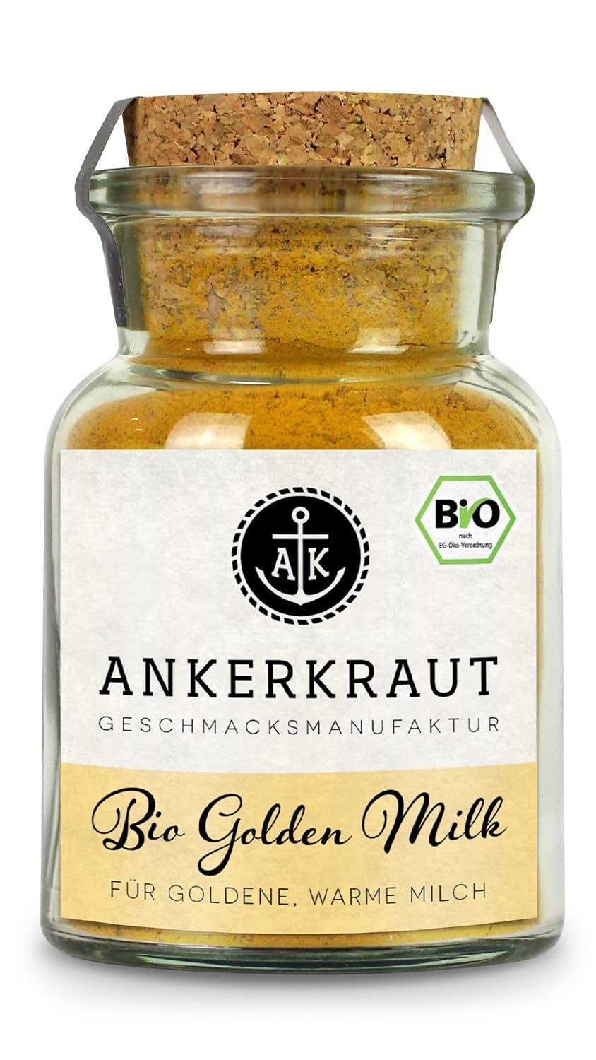 Ankerkraut Bio Golden Milk, Gewürz für goldene Milch, s kurkumou, Zimt a Ingwer, 75 g v korkové sklenici