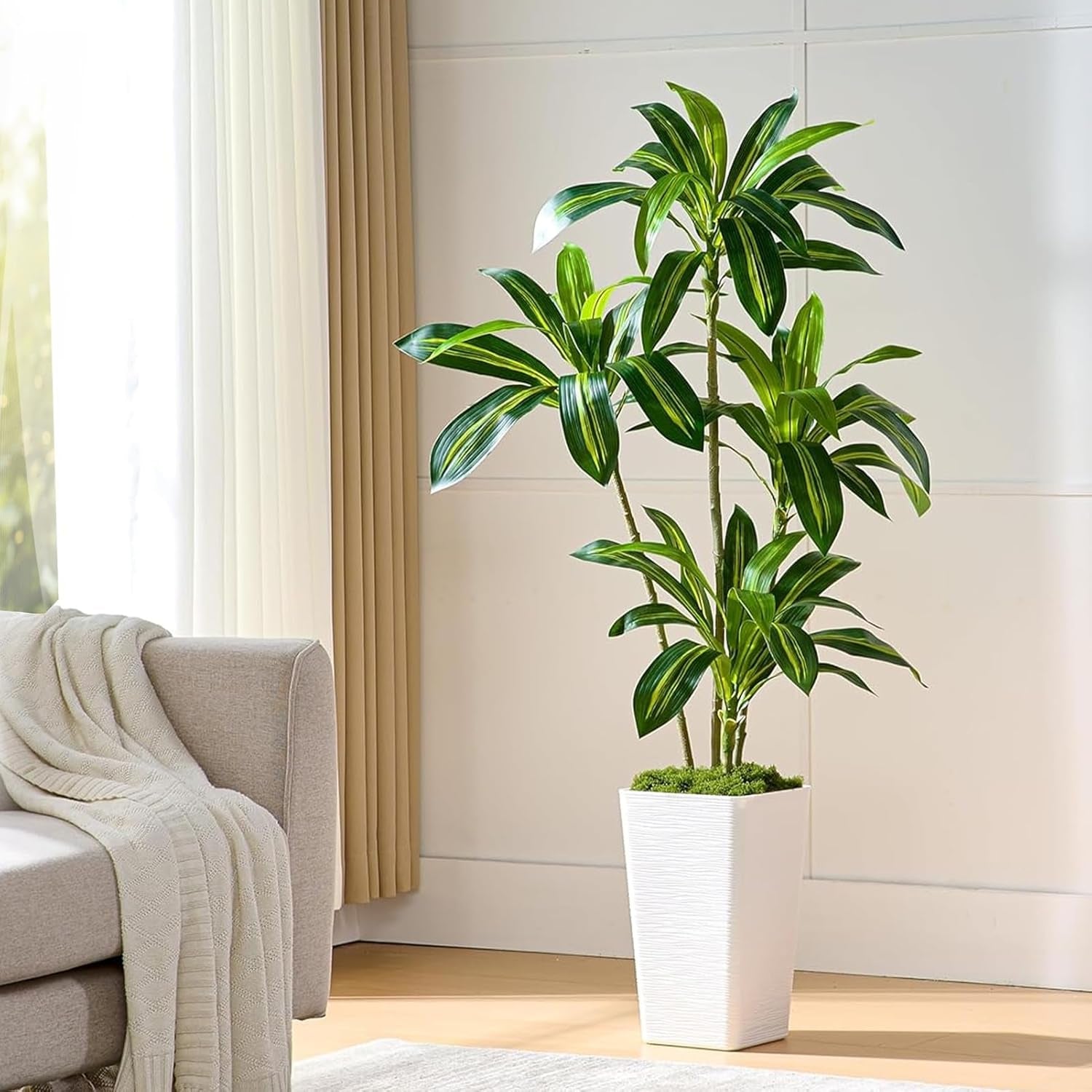 Künstliche Drachenbaum Pflanzen,Kunstpflanzen Groß Mit Weißes Hohes Pflanzgefäß,Kunstpflanzen Wie Echt Für Drinnen Und Draußen Haus Büro Moderne Deko,Artificial Plants Pflegeleicht (150Cm)