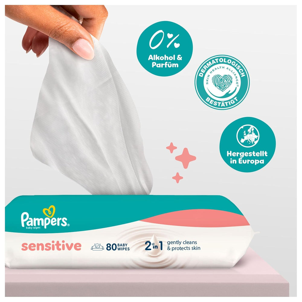 Vlhčené ubrousky Pampers Sensitive, 6 balení po 80 ubrouscích = 480 ubrousků, neparfemované, pro jemné a šetrné čištění