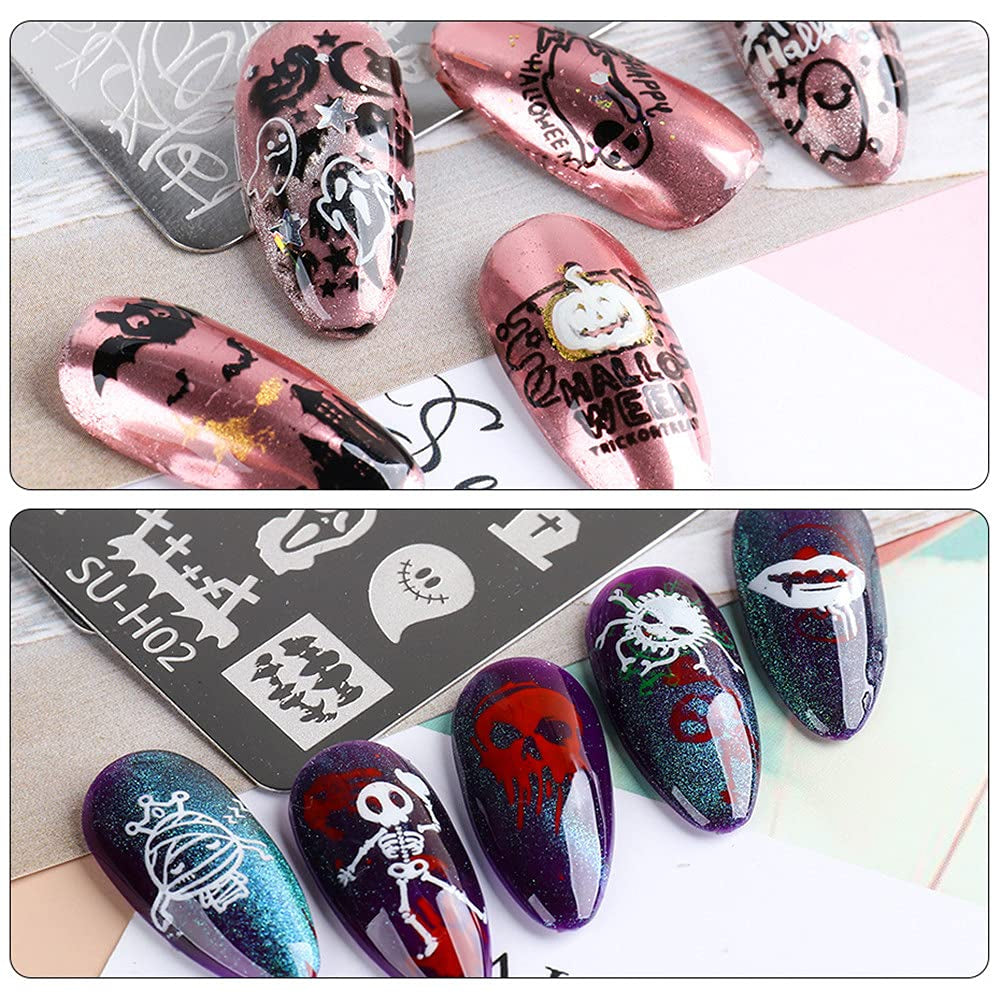 JMEOWIO Nagel Stamping Schablone Halloween 6 Stück Nagelstempel Schablone Nail Art Dekoration Nageldesign Zubehör Böse Gruselige Kürbis-Geisterhexe