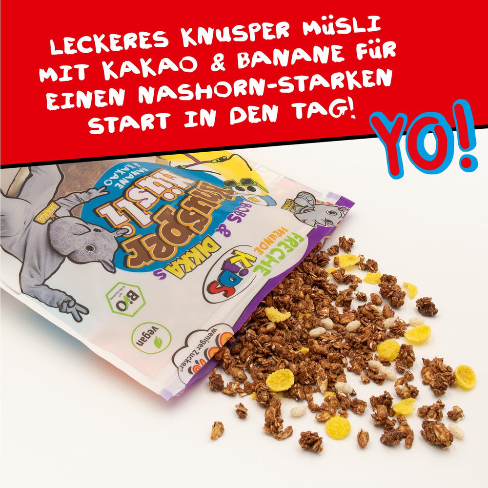 FRECHE FREUNDE KIDS, Bobs & DIKKAs Křupavé banánové kakaové müsli, křupavé čokoládové müsli pro děti, nízký obsah cukru, bez přísad, 100% vegan, 6 kusů (6 x 280 g)