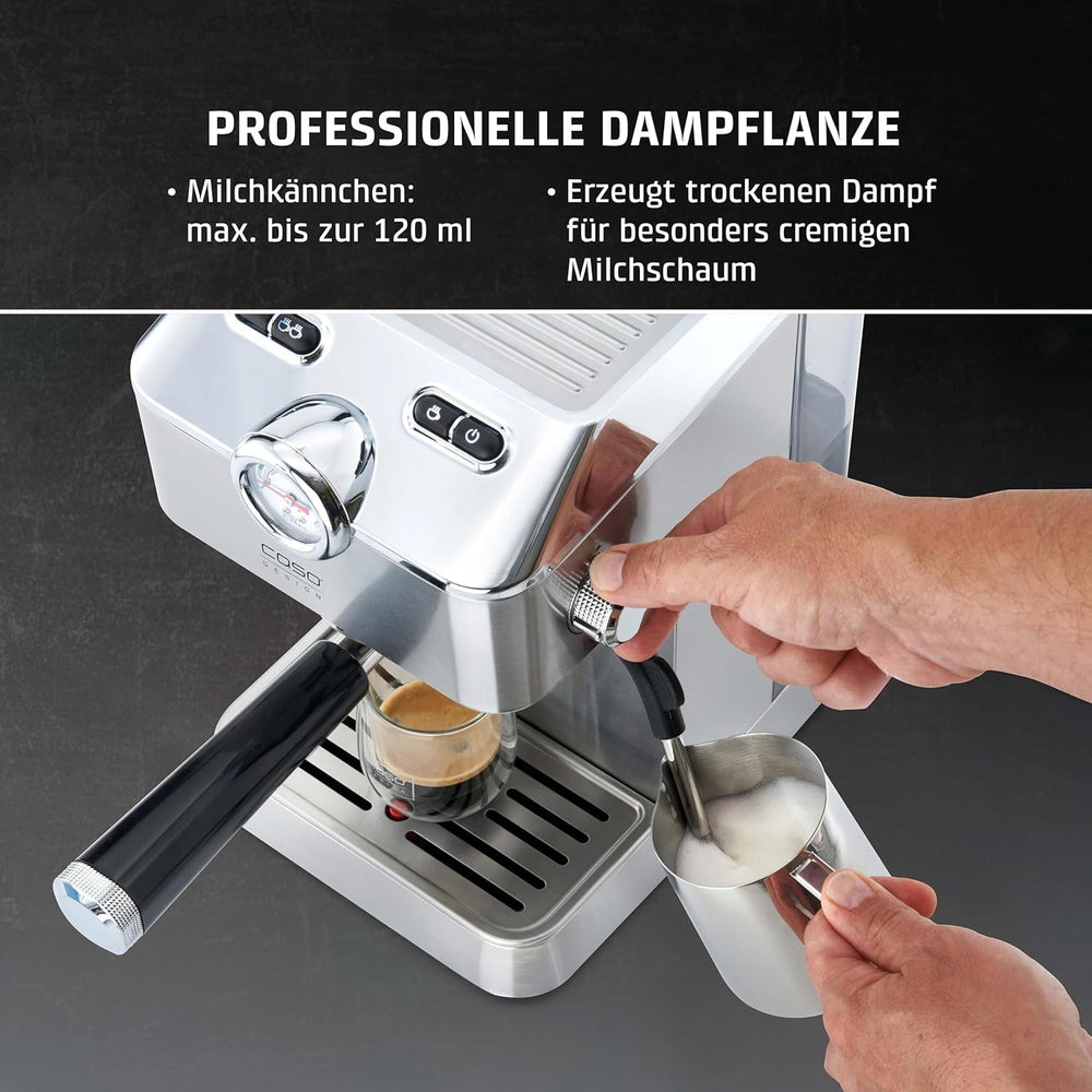 Caso Espresso Gourmet - Espressor portafiltru din oțel inoxidabil, pompă Ulka puternică de 19 bari, cu spumator de lapte, pentru cafea măcinată sau capsule de cafea ESE, pentru 2 cești, cu încălzitor de cești