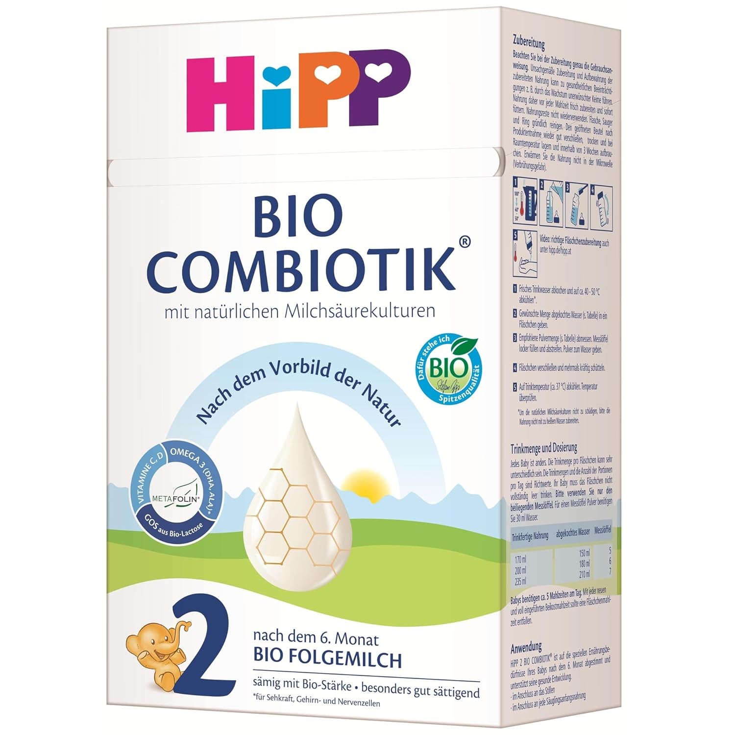 HiPP 2 Bio Combiotik (4 x 600g), pokračovací mléko po 6 měsících, se škrobem, přírodními kulturami kyseliny mléčné, GOS, Omega-3 (DHA, ALA), nejlepší bio kvality
