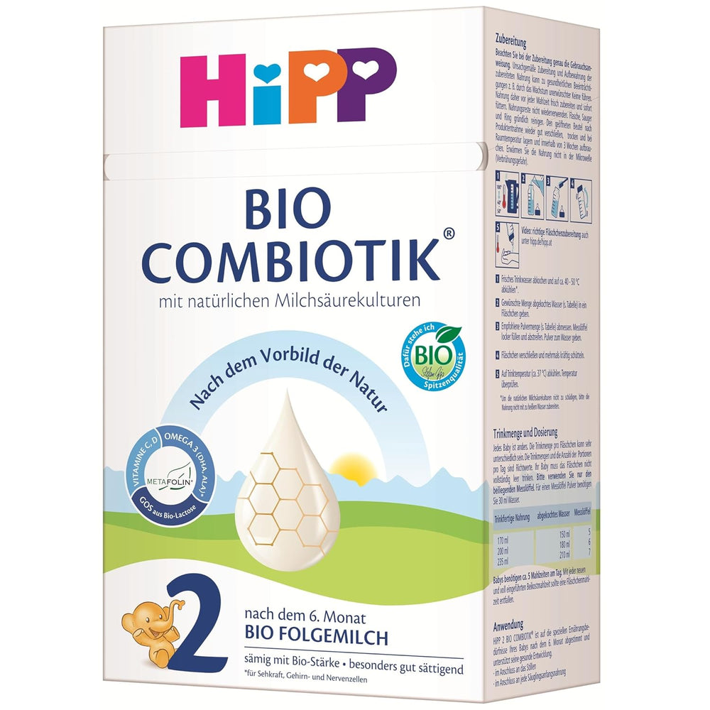 HiPP 2 Bio Combiotik (4 x 600g), pokračovací mléko po 6 měsících, se škrobem, přírodními kulturami kyseliny mléčné, GOS, Omega-3 (DHA, ALA), nejlepší bio kvality