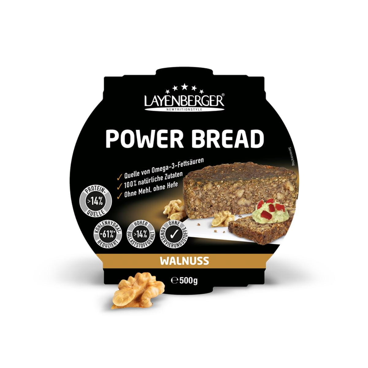 Layenberger Prower Bread Walnut, Eiweiß- Und Ballaststoffquelle, Ohne Konservierungsmittel, Ohne Hefe, Ohne Mehl, Mit 14G Protein Pro 100G, (1 X 500G) Směs na pečení a vaření Naty Shop 500 G (1Er Pack) Walnut
