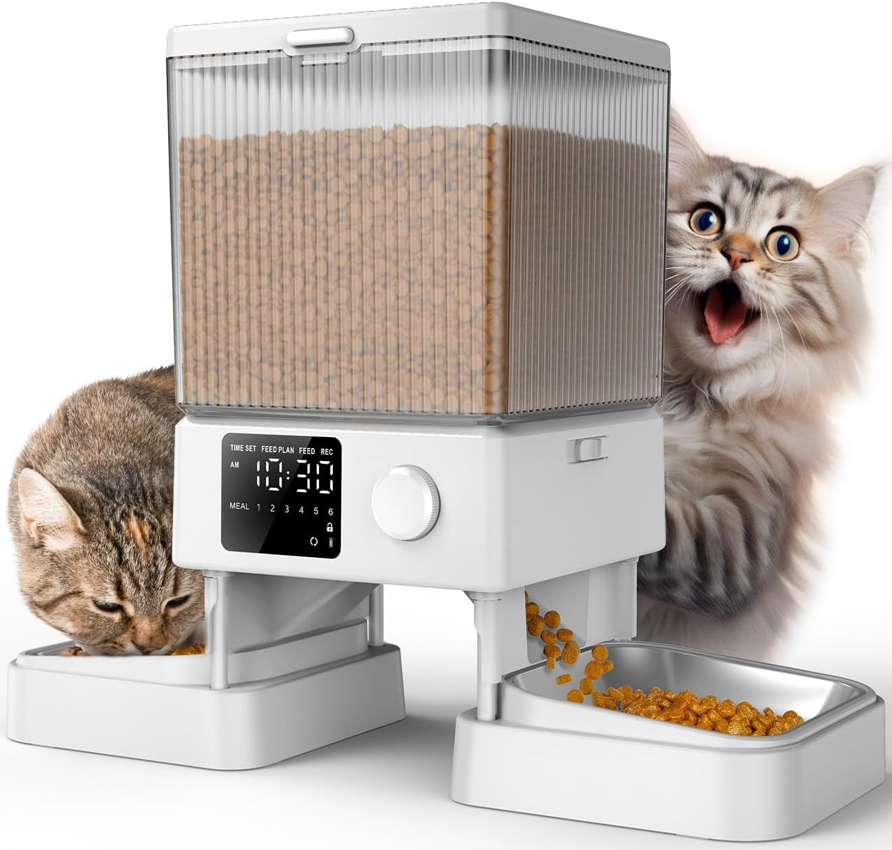 Oneisall 5L Futterautomat Katze 2 Näpfe, Katzenfutter Automat s einem Knopf, Einfache Bedienung, Futterspender für Katzen/Hunde, mit Edelstahlschüssel, Voice Recorder, für kleine/mittlere Haustiere