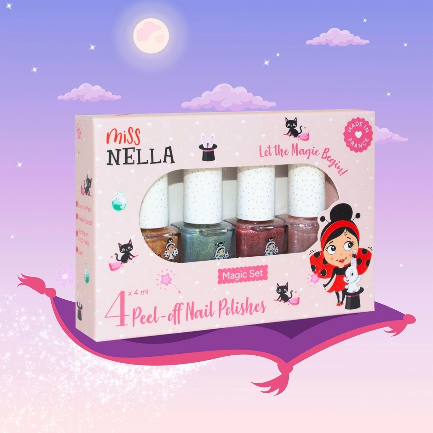 Sada 4dílných třpytivých laků na nehty Miss Nella Magic Collection: růžový, červený, zlatý a modrý, dětský speciální snímatelný lak na nehty, netoxický, na vodní bázi, bez zápachu