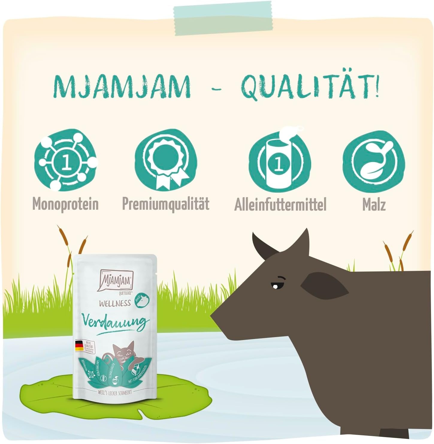MjAMjAM - Hrană umedă premium pentru pisici - Wellness - Digestivă - Vită, pachet de 12 (12 x 125g), fără cereale